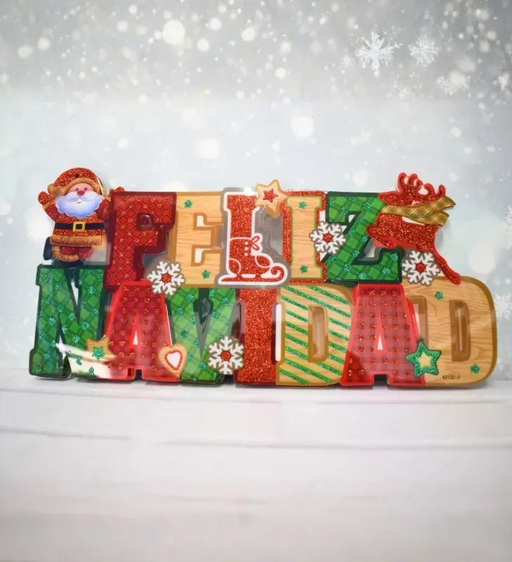 Colgante Pequeño "Feliz Navidad" con Luz, Santa y Reno