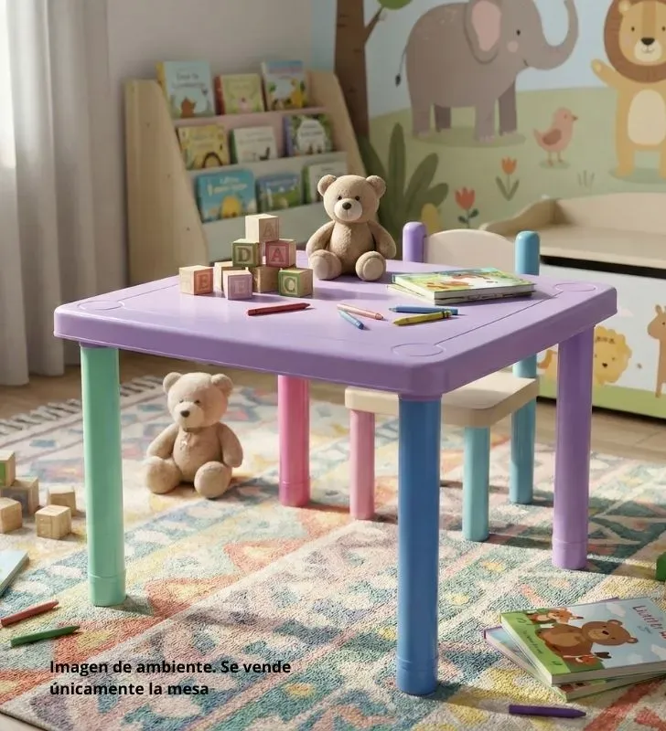 Mesa Cuadrada Infantil Alica PA018 Lisa Colores – Mueble de Plástico Morado/Azul