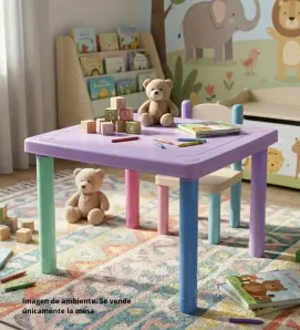 Mesa Cuadrada Infantil Alica PA018 Lisa Colores – Mueble de Plástico Morado/Azul