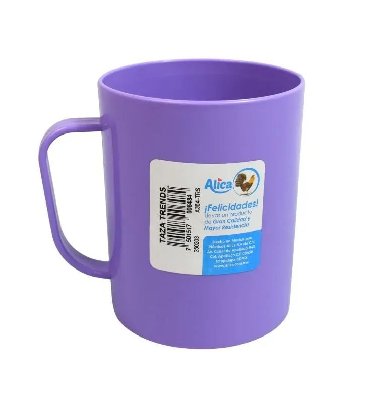 Taza de Plástico Alica Lisa/Decorada – Colores: Rosa, Azul, Blanca y Morada