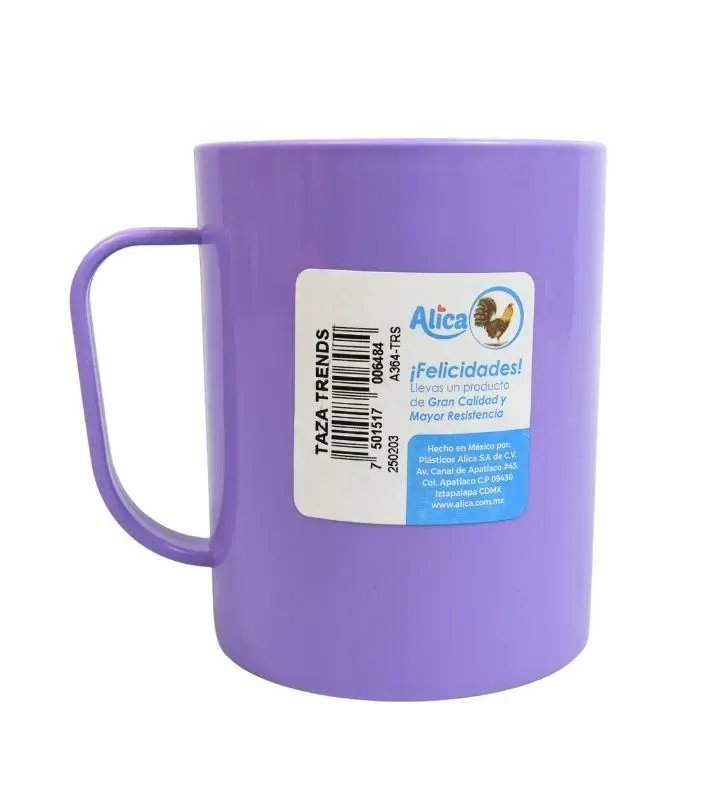 Taza de Plástico Alica Lisa/Decorada – Colores: Rosa, Azul, Blanca y Morada