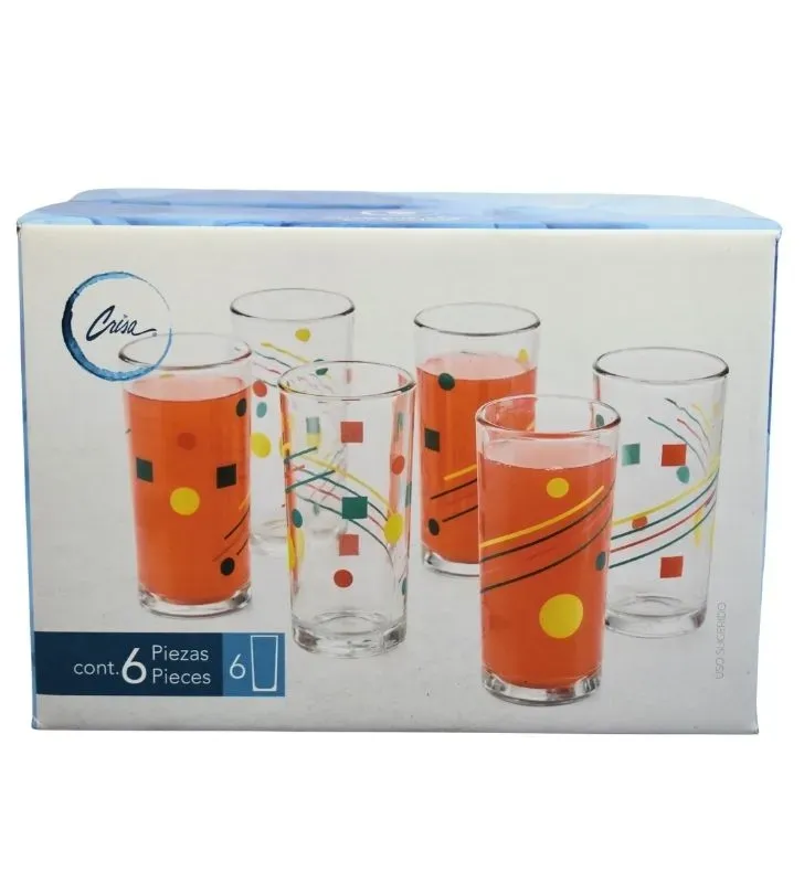 Juego 6 Vasos de Vidrio Crisa 9660 Decorado Geométrico DQT - Cristalería Moderna
