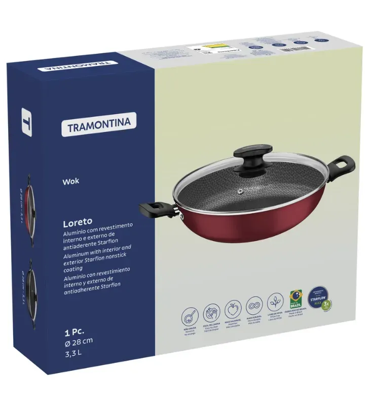Wok Tramontina Loreto 28cm 3.3L Starflon Max con Tapa (27817-022)