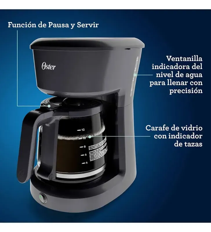 Cafetera Oster 12 tazas Negra 2128179 – Goteo Semi Automático, Filtro Permanente, 1000 W