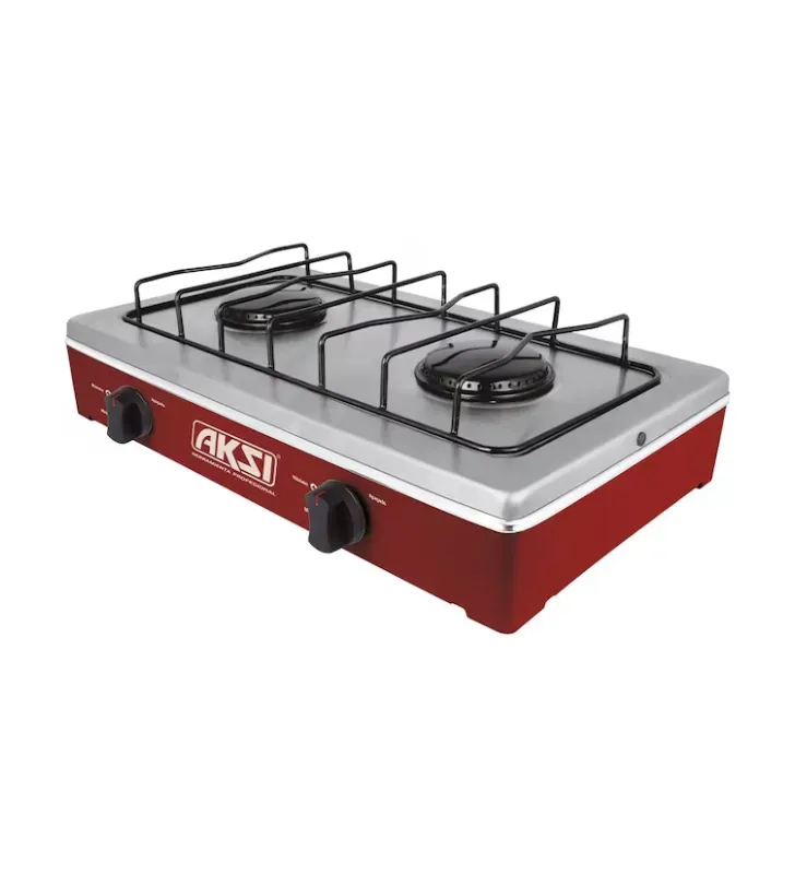 Estufa de Mesa AKSI 2 Quemadores - Acero Inoxidable y Rojo | 116033