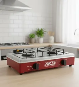 Estufa de Mesa AKSI 2 Quemadores - Acero Inoxidable y Rojo | 116033