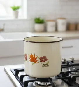 Vaso Recto CINSA No. 14 Crema Tres Flores - Acero Vitrificado Filo Café