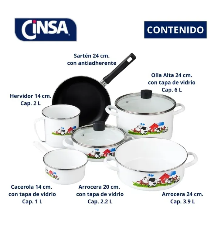 Batería de Cocina CINSA TERRANOVA 8 Piezas - Acero Vitrificado Vaquitas en Corral