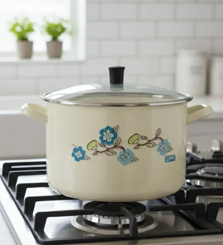 Olla Recta CINSA No. 26 Crema Fiorella - Acero Vitrificado Tapa de Vidrio