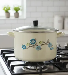 Olla Recta CINSA No. 26 Crema Fiorella - Acero Vitrificado Tapa de Vidrio