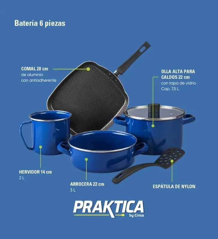 Batería de Cocina CINSA PRAKTICA 6 Piezas - Azul con Comal de Aluminio y Tapa de Vidrio