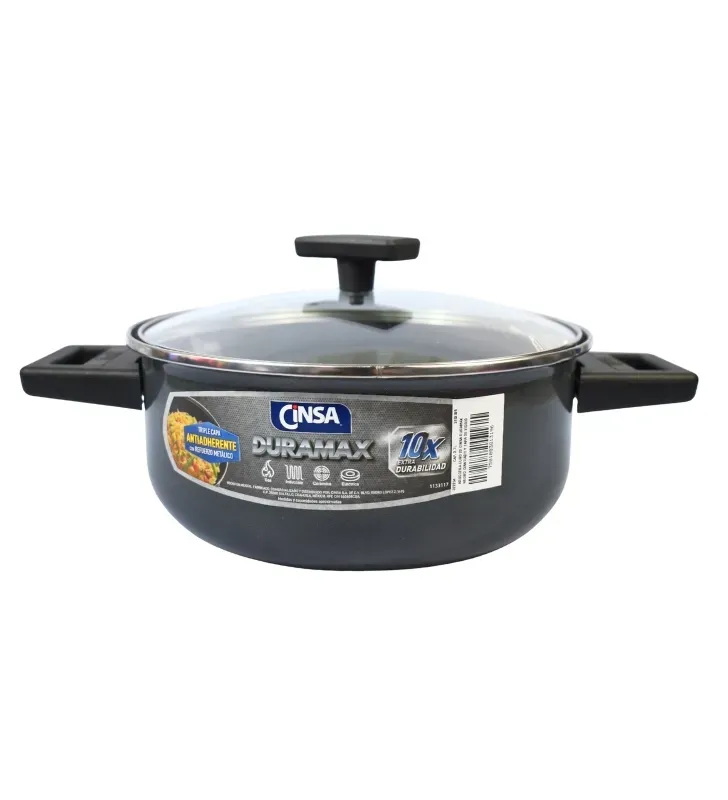 Arrocera Cinsa Duramax 22 cm Negra – Antiadherente y Tapa de Vidrio