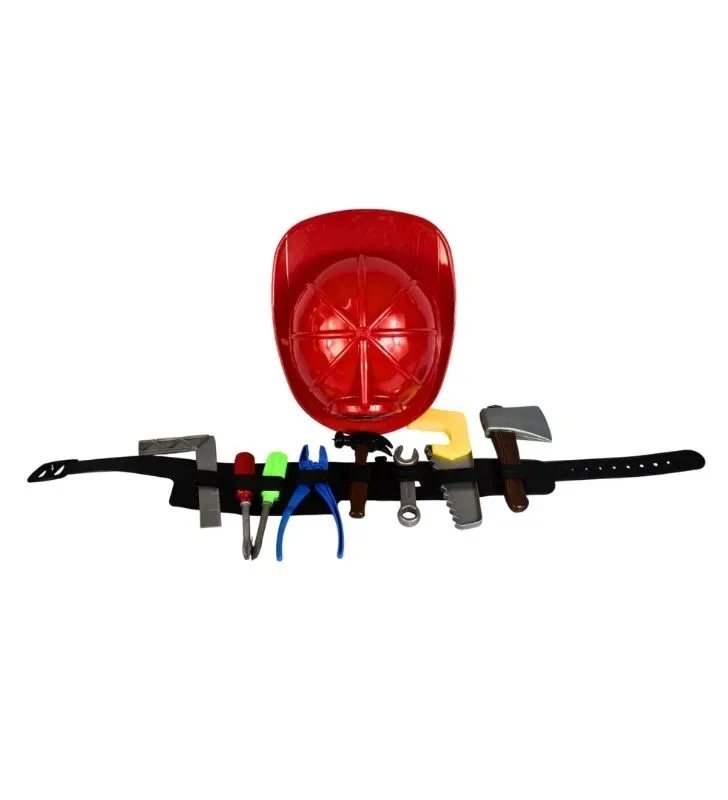 Cinturón con Herramientas Surtidas y Casco Rojo - Juguete de Rol Bombero/Minero