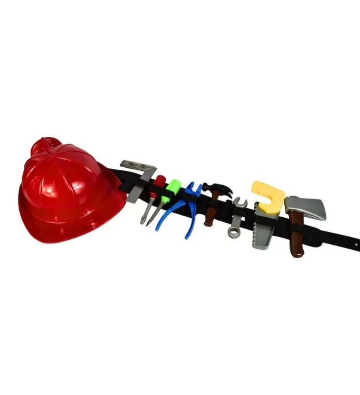 Cinturón con Herramientas Surtidas y Casco Rojo - Juguete de Rol Bombero/Minero