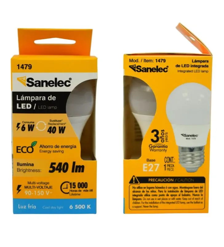 Foco LED Sanelec 1479 – Lámpara E27 6W (Equiv. 40W) 6500K Luz Fría