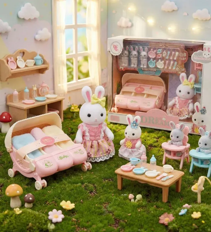 Juego de Mascota Conejita con 3 Bebés Bay Dreamy 6700M – Carriola y Mesitas