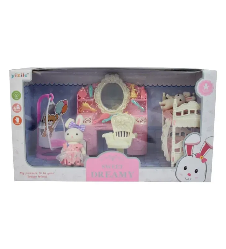 Juego de Mascota Conejo Bebé Yudha T5685B6B3B – Muebles Rosa (Litera, Tocador)