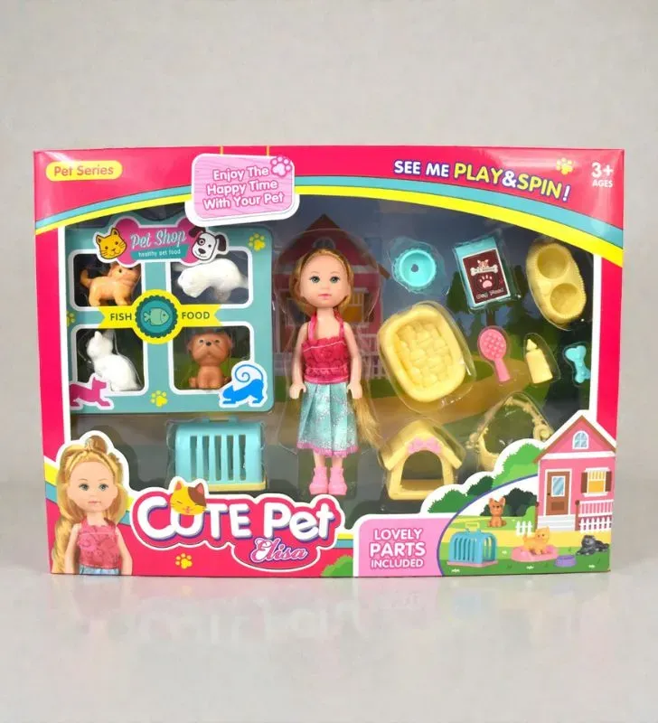 Muñeca CUTE Pet Elisa 18045 Set de Tienda de Mascotas y Accesorios