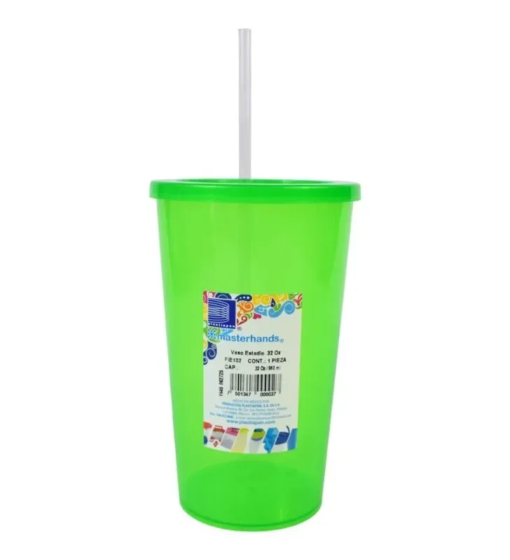 Vaso Estadio 32 oz con Tapa y Popote Plastiapan - Varios Colores