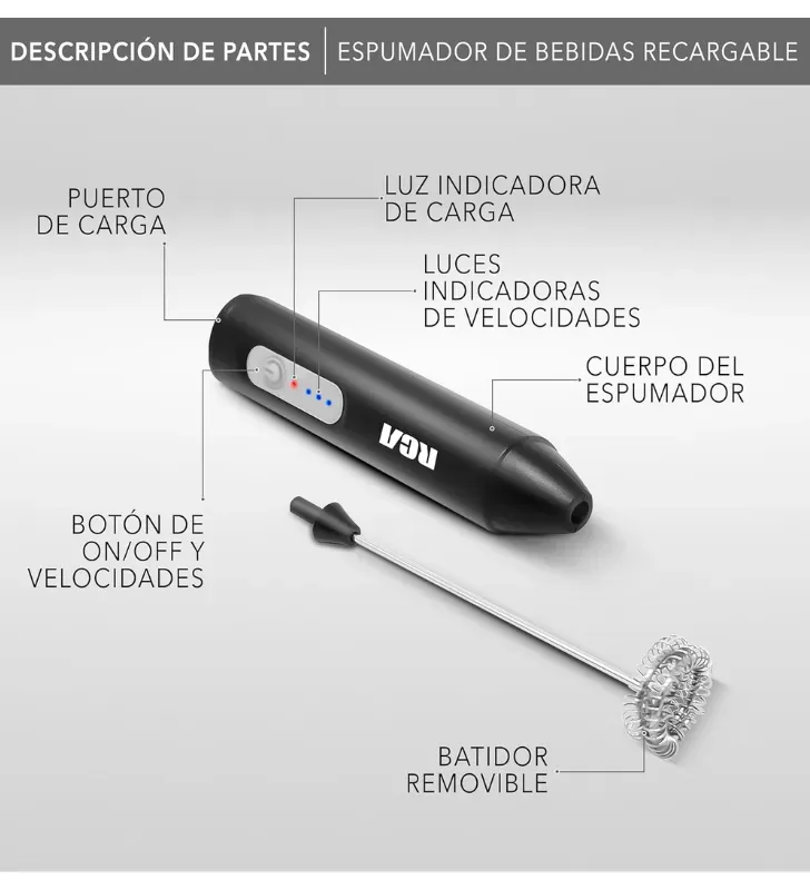 Espumador Batidor  Eléctrico RCA RC-60 - 3 Velocidades y Carga USB