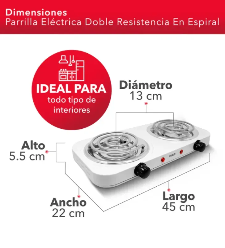 Parrilla Eléctrica Doble RCA RC2000A - 2000W y 5 Niveles de Calor