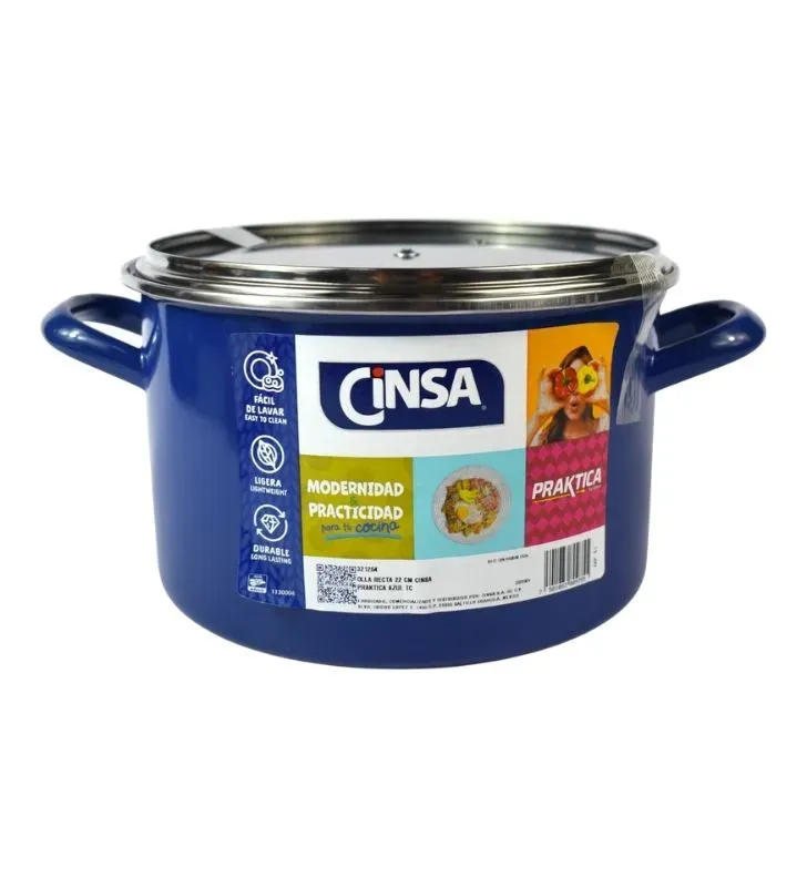 Olla Recta Cinsa Praktica 22 cm Azul - 5 Litros con Tapa de Vidrio