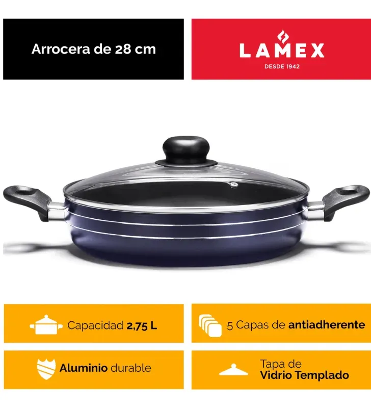 Arrocera Lamex 28 cm Azul con Tapa de Vidrio | 5 Capas Antiadherente