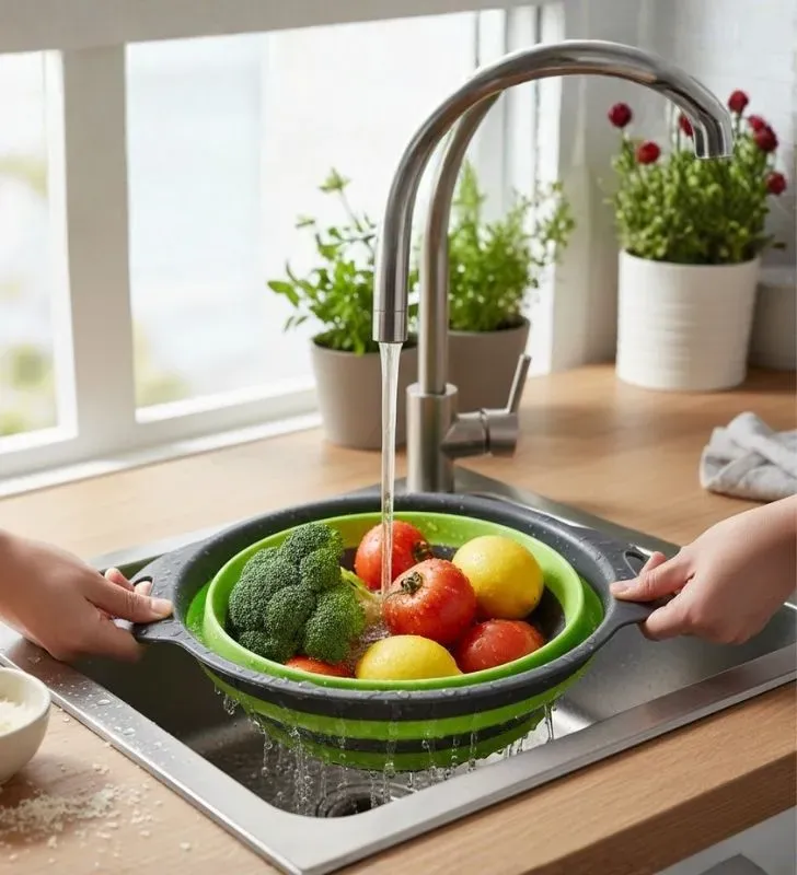 Colador Plegable de Silicón Verde - Escurridor de Cocina Compacto