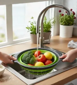 Colador Plegable de Silicón Verde - Escurridor de Cocina Compacto