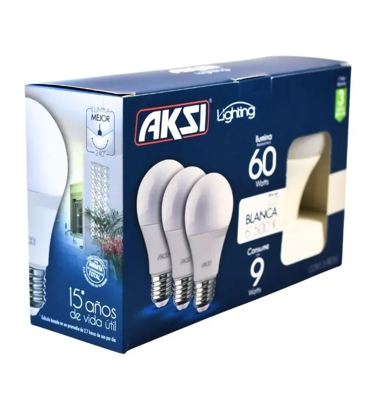 Paquete de 3 Focos LED AKSI 9W Luz Blanca - Ahorro y Calidad