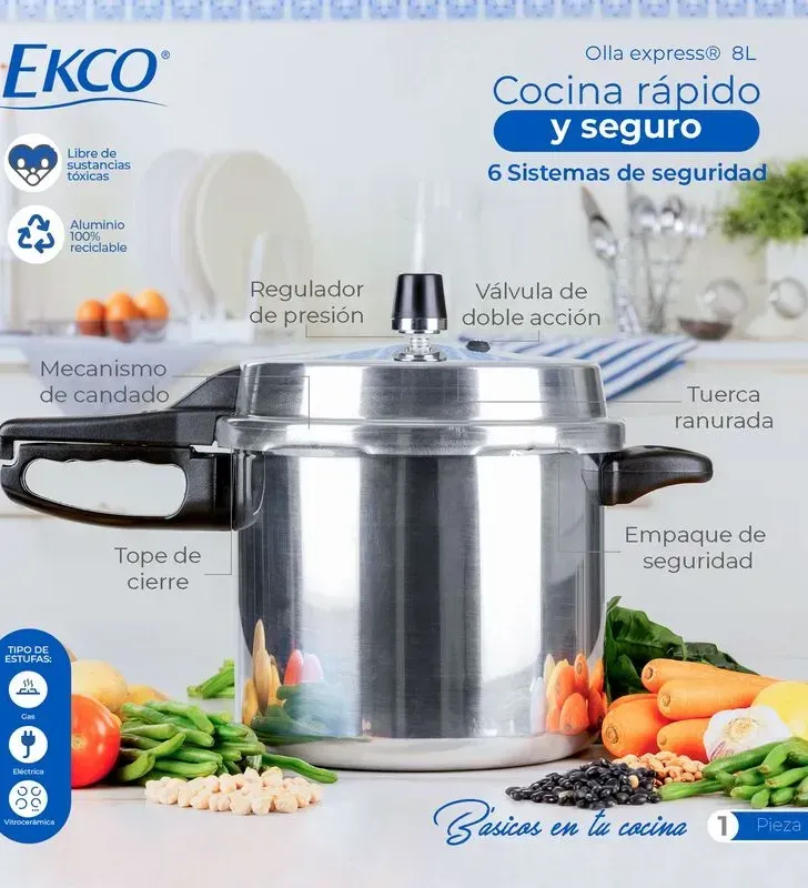 Olla Express Ekco Classic 8L - Aluminio con 6 Sistemas de Seguridad