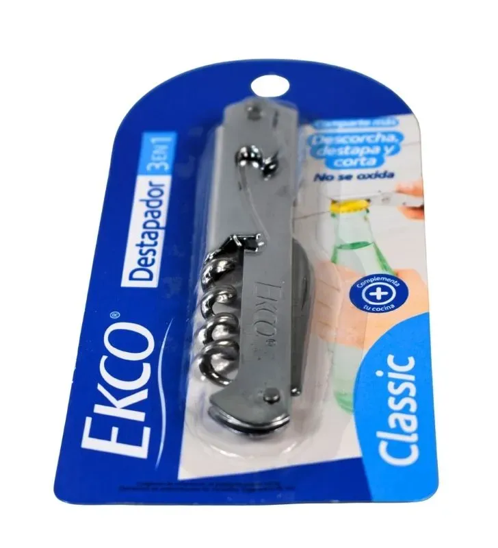 Sacacorchos 3 en 1 Ekco Classic - Acero Cromado con Destapador