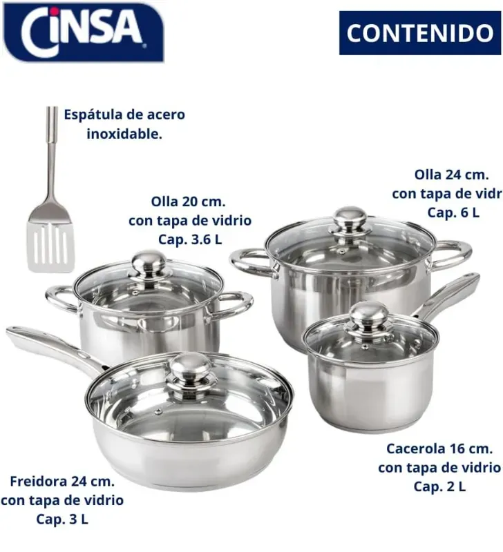 Batería Irlanda CINSA 9 Piezas - Acero Inoxidable y Vidrio