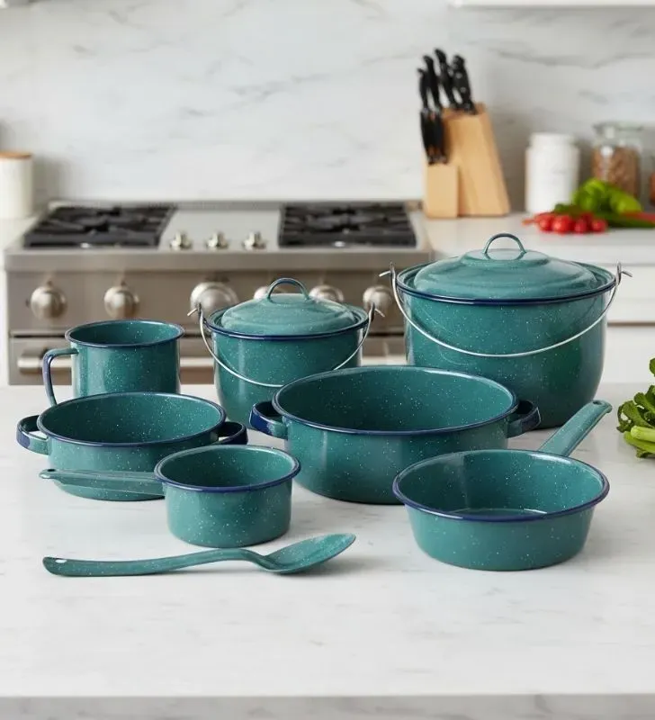 Batería CINSA Esperanza 10 Piezas - Peltre Verde Jaspeado