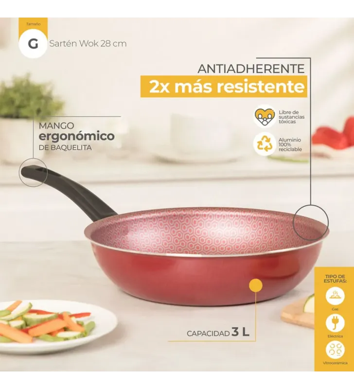 Wok 28 cm rojo Classic – antiadherente, ideal salteados