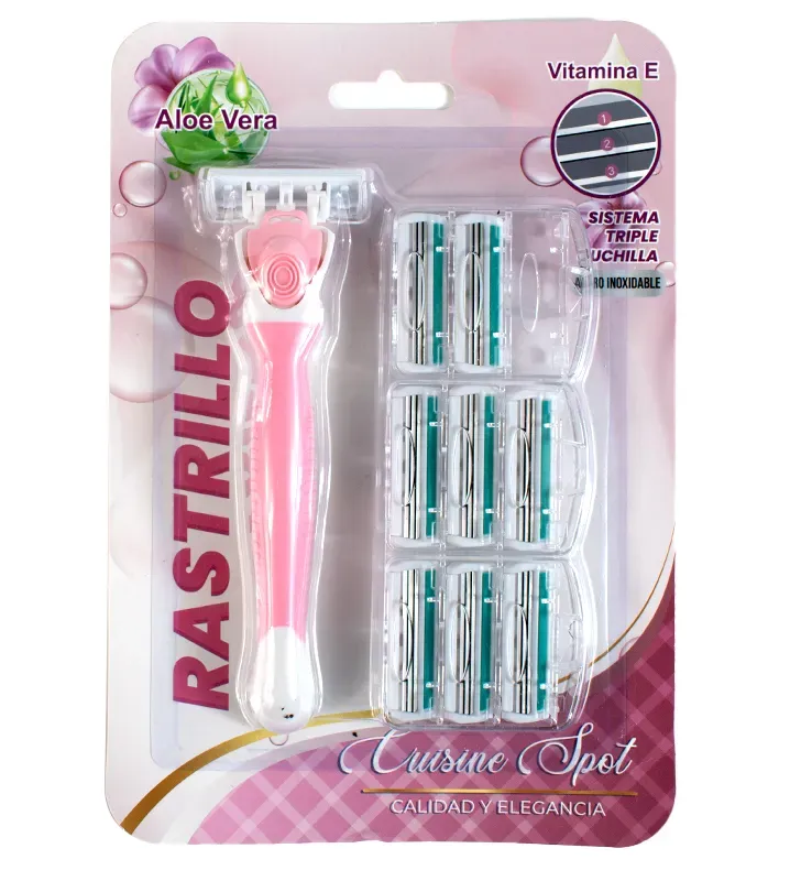 Rastrillo rosa con 8 repuestos – triple cuchilla, Aloe Vera y vitamina E Cuisine Spot