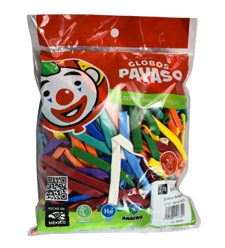 Globos Payaso No. 270 Zeppelin - Paquete 100 Pzas Surtidas