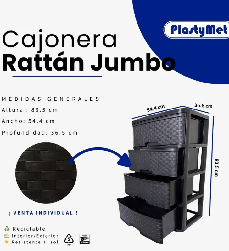 Cajonera Rattan Jumbo 4 Niveles – Plastymet | Organización eficiente y elegante