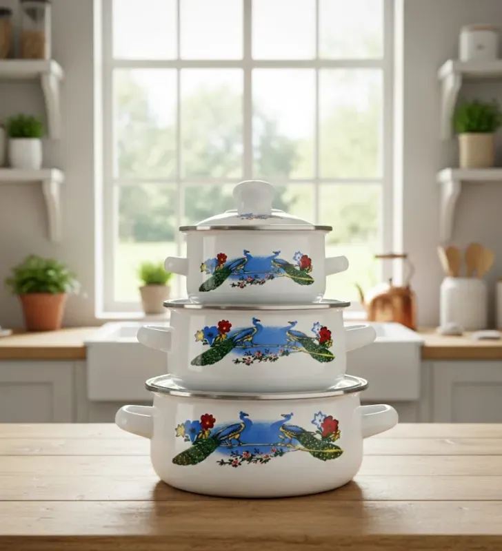 Juego de 3 Ollas Pavoreal Travessa - Peltre con Tapa de Vidrio