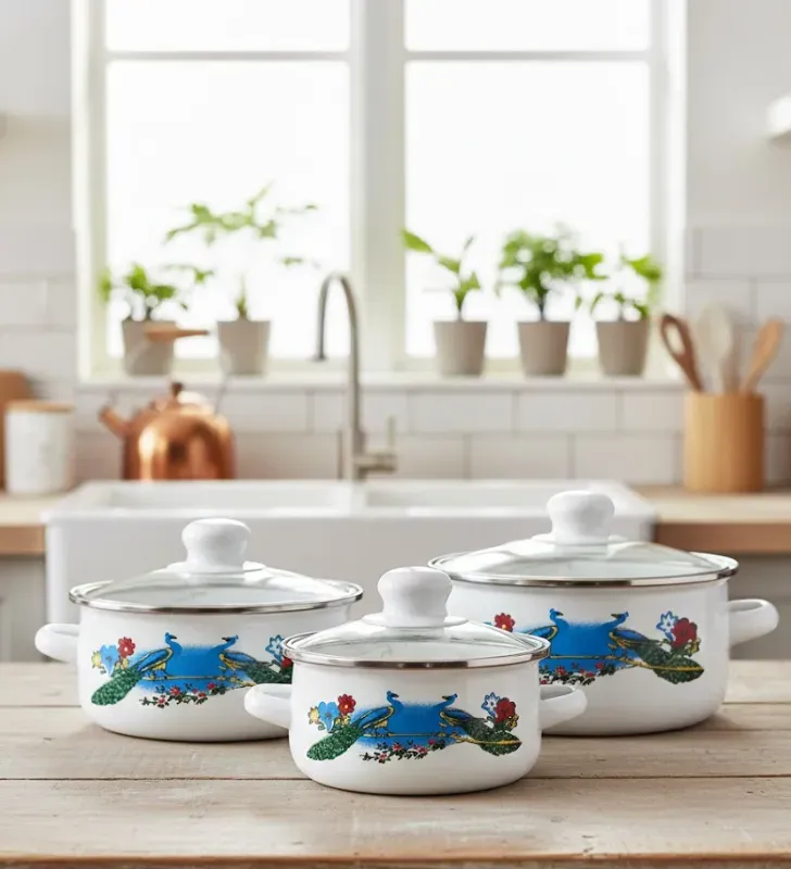 Juego de 3 Ollas Pavoreal Travessa - Peltre con Tapa de Vidrio