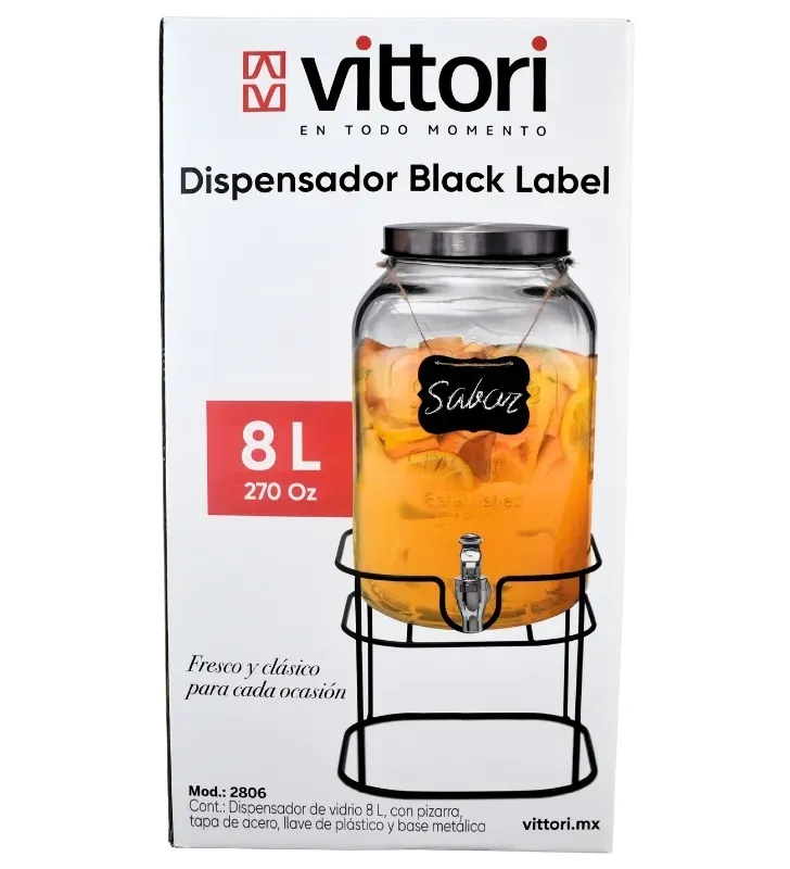 Dispensador de Vidrio Vittori 8 Litros – Con Pizarra y Base