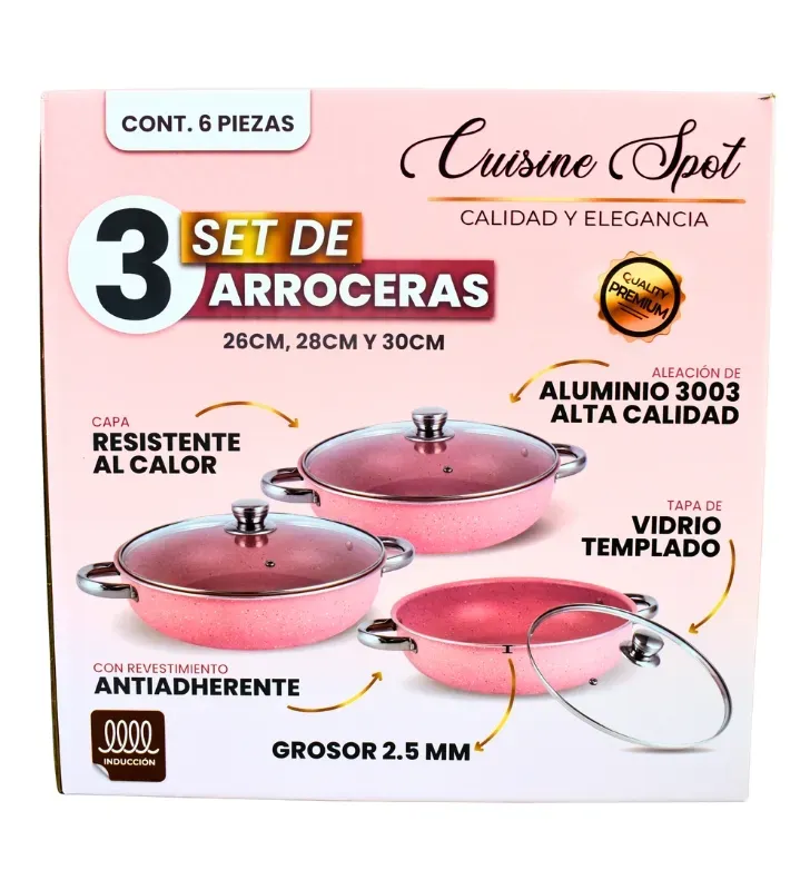 Set de Arroceras Cuisine Spot 6 Pzas – Rosa – 26/28/30 cm