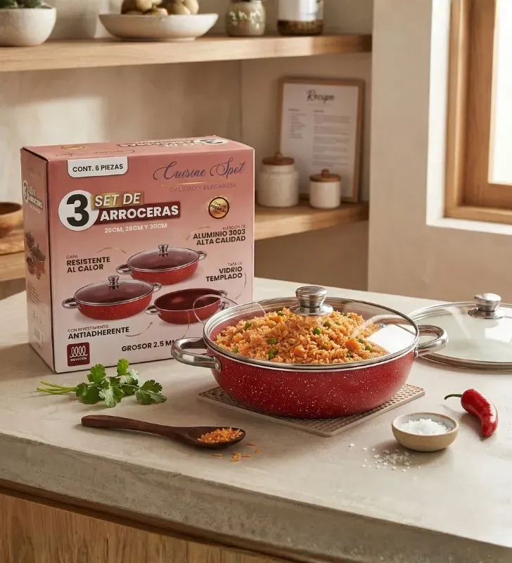 Set de Arroceras Cuisine Spot 6 Pzas – Rojo Intenso – 26/28/30 cm