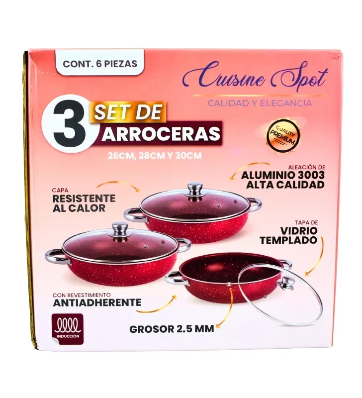 Set de Arroceras Cuisine Spot 6 Pzas – Rojo Intenso – 26/28/30 cm