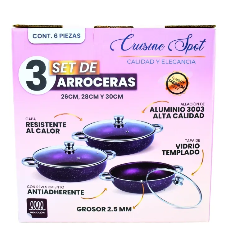 Set de Arroceras Cuisine Spot 6 Pzas – Púrpura – 2.5 mm Aluminio