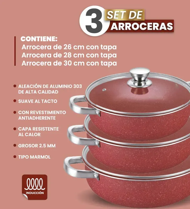 Set de Arroceras Cuisine Spot 6 Pzas – Rojo Intenso – 26/28/30 cm