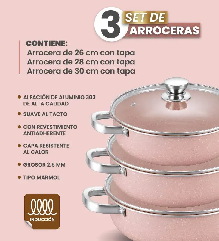 Set de Arroceras Cuisine Spot 6 Pzas – Rosa – 26/28/30 cm