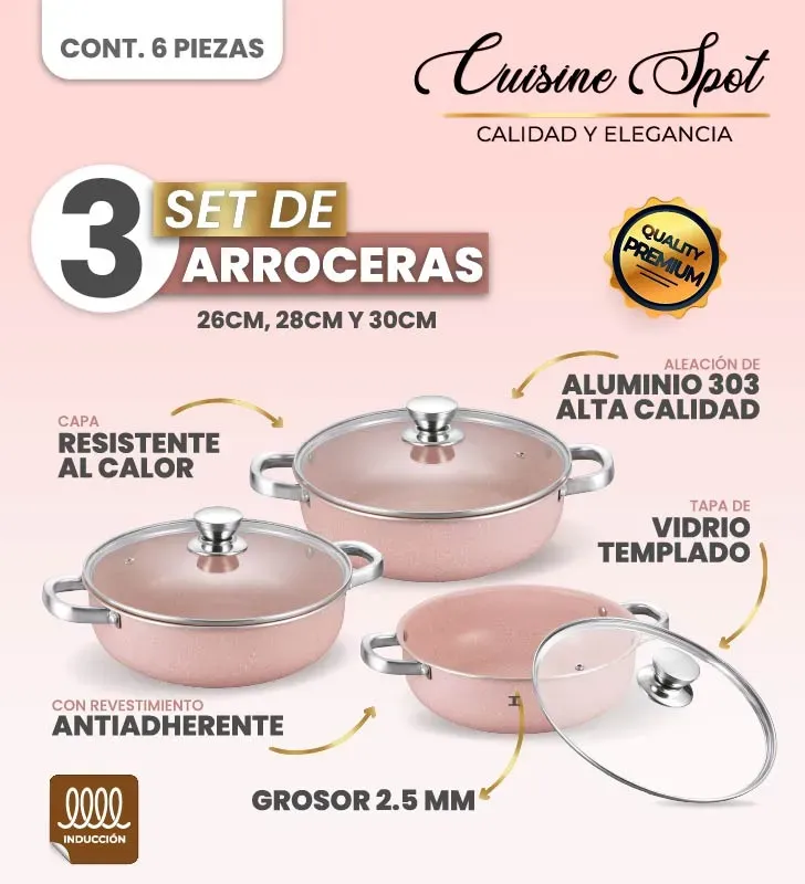 Set de Arroceras Cuisine Spot 6 Pzas – Rosa – 26/28/30 cm