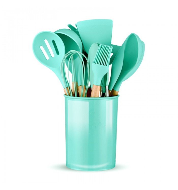 Set De 12 Piezas Utensilios De Cocina De Silicona Verde Agua