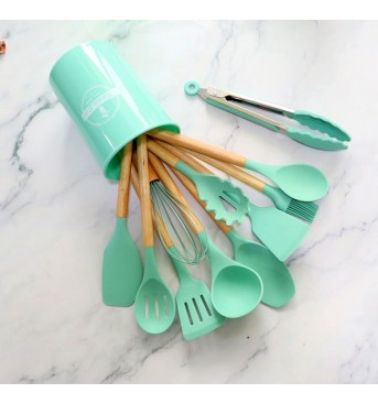 Set De 12 Piezas Utensilios De Cocina De Silicona Verde Agua